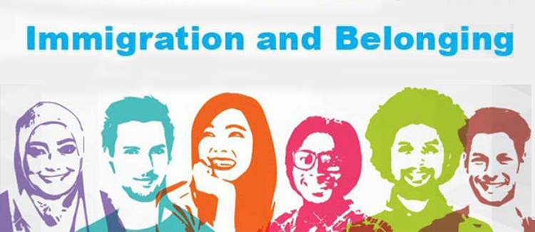 Silhouettes of diverse group of young people beneath headline "immigration and belonging"