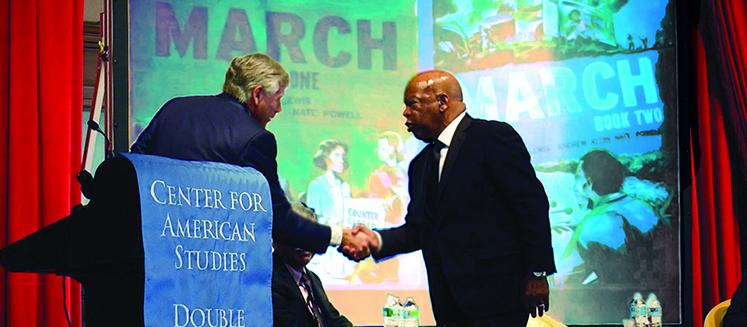 Columbia University President Lee C. Bollinger welcomes civil rights icon Rep. Jon Lewis (Credit: Columbia News Video Team)